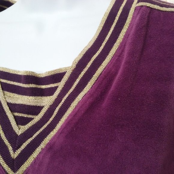 Vintage 90s Velour Loungewear Dress Pop-On Robe -S/M Metallic V-Neck Pockets - Picture 5 of 10